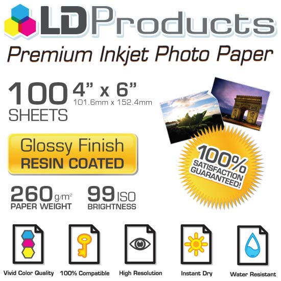 LD Premium Glossy Inkjet Photo Paper 100 Sheet Pack, Resin Coated
