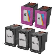 Set of 5 Remanufactured HP 68e Black & HP 68 Tri-Color Ink Cartridges (3 Black, 2 Tri-Color)